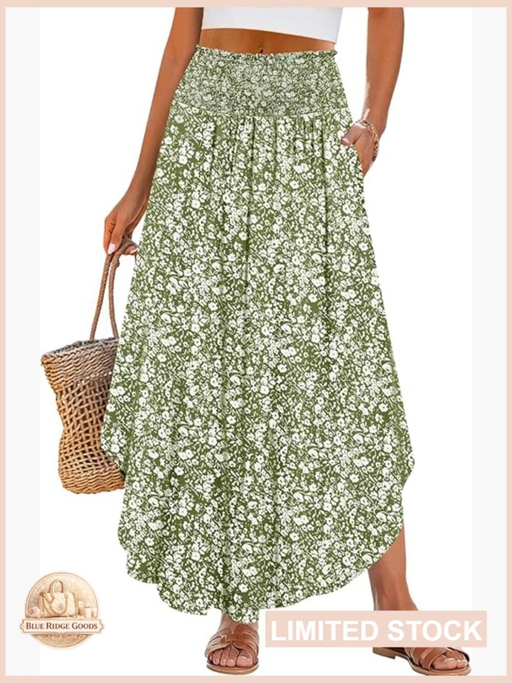Maxi Skirt Flowy Swing High Waisted Pleated Long Skirt with Pockets Boho Beach